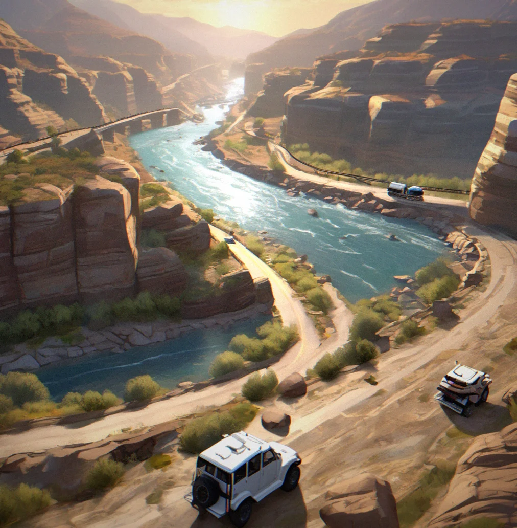 Wide mountain river flowing through canyon with stacked stone formations and foam-white current hitting vehicle chassis