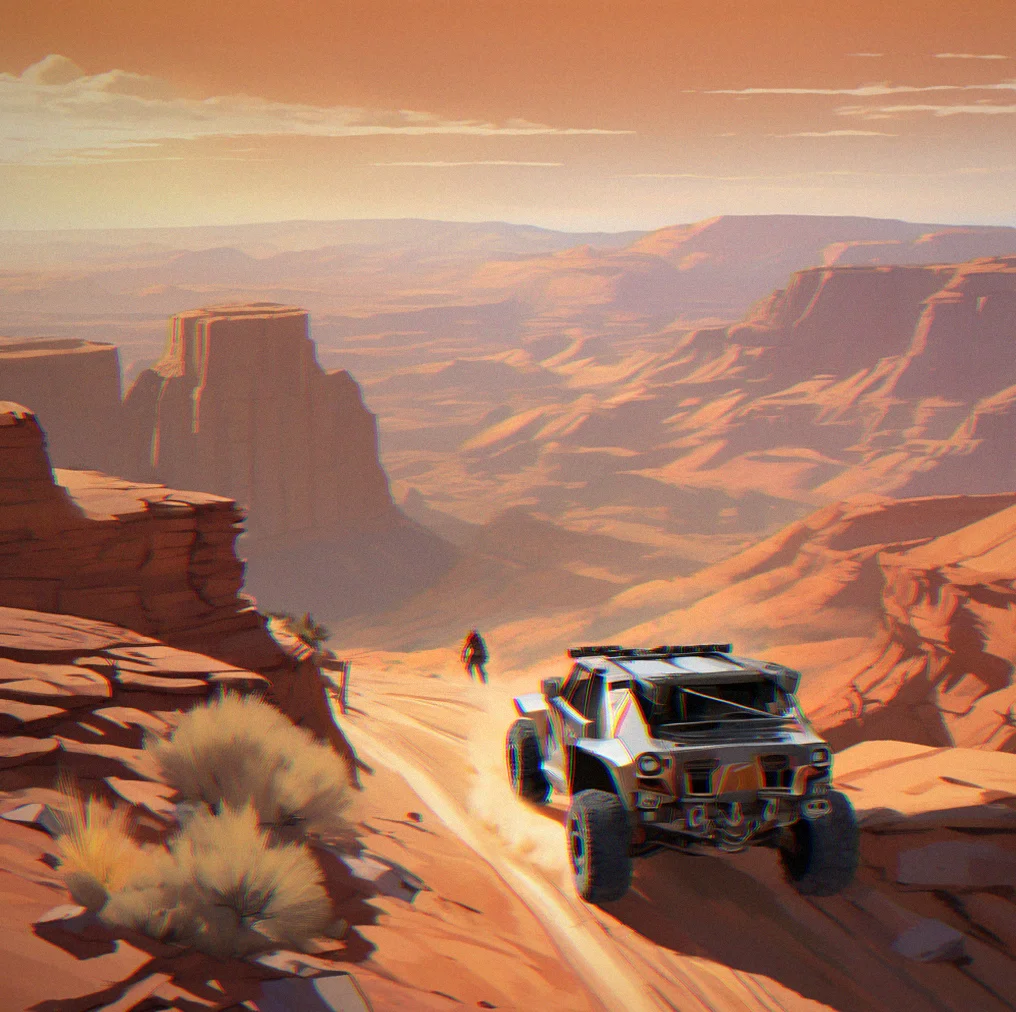 Low-profile lightweight runner accelerating up a narrow ridge with dust trailing behind and distant canyon walls sharp against sky
