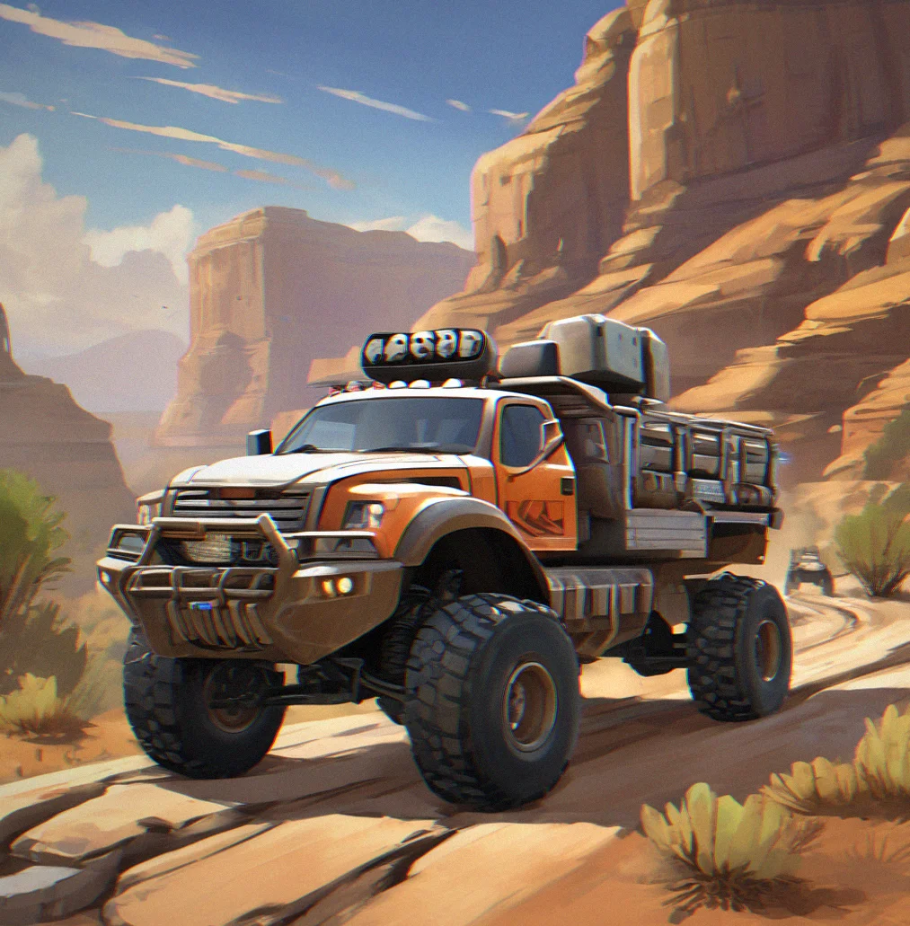 Sturdy heavy hauler vehicle positioned against a large boulder, wheels gripped in mud with canyon passage behind