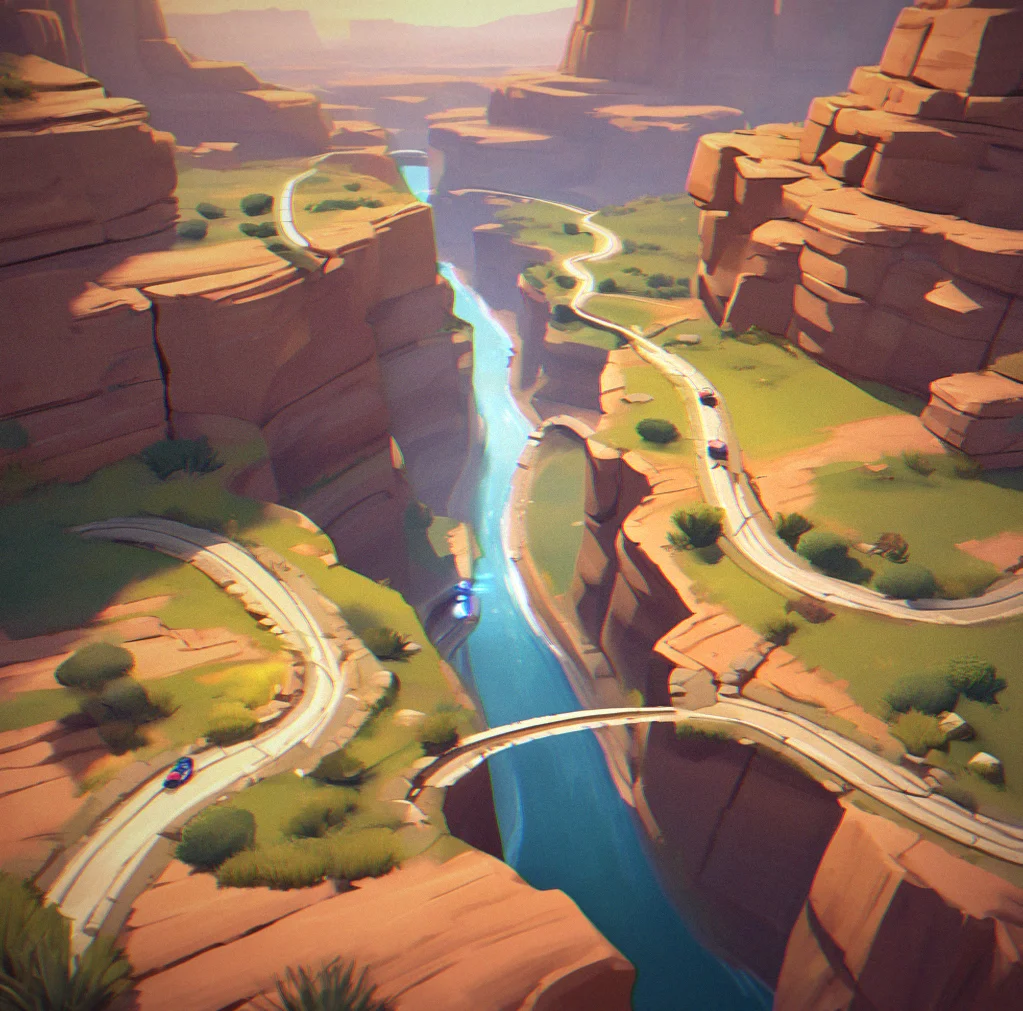Canyon fork with two paths diverging, one newly unlocked path glowing with subtle light, leading toward hidden passage