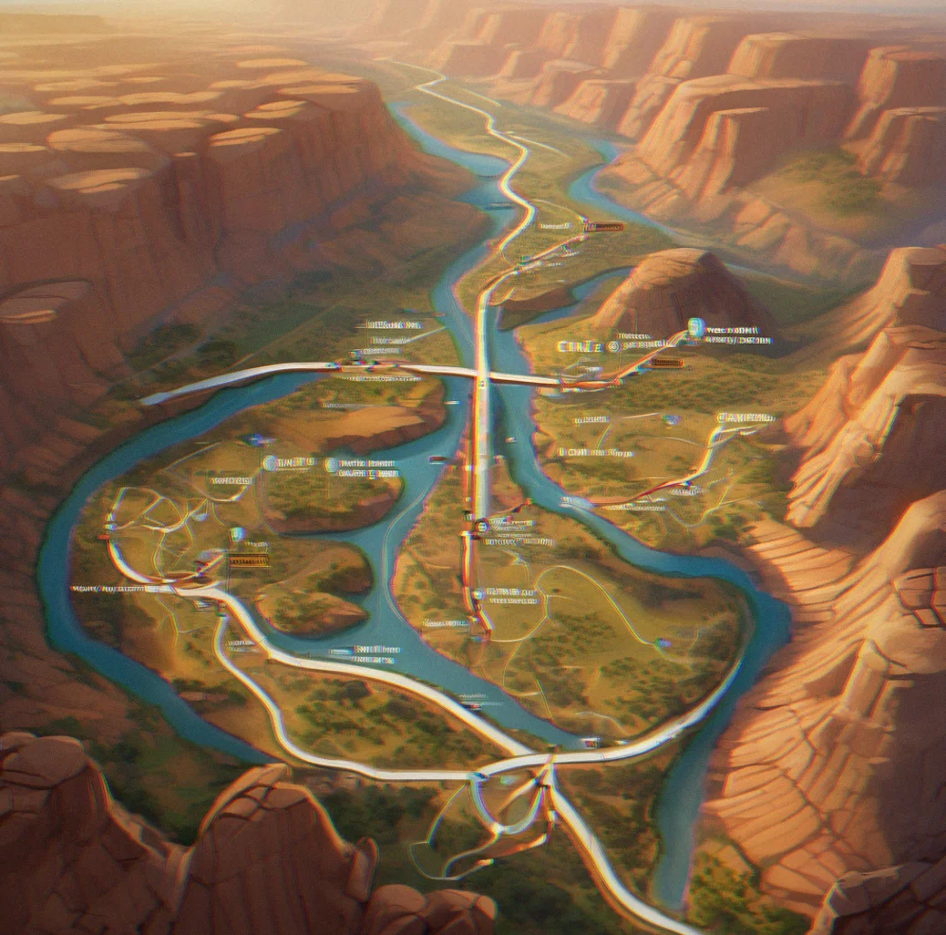 Wide aerial view of entire valley system showing interconnected canyon networks, multiple route branches and distant terrain tiers
