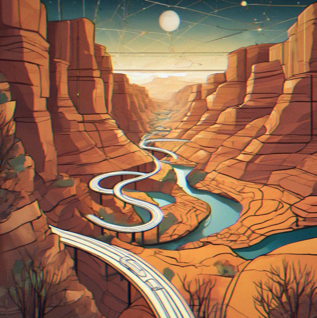 Geometric illustration showing a valley canyon with winding paths and signal lines flowing upward toward the stars