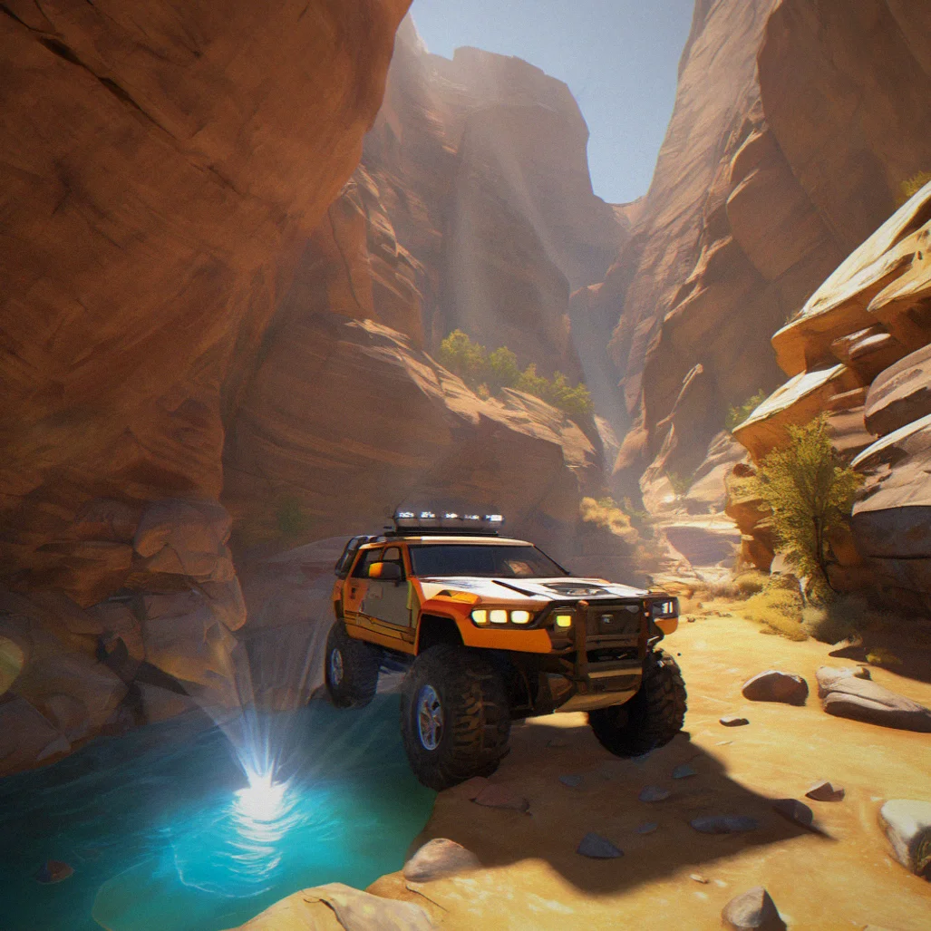 Glinting crystal cache lodged beneath canyon overhang with sunlight refracting through crystalline surface