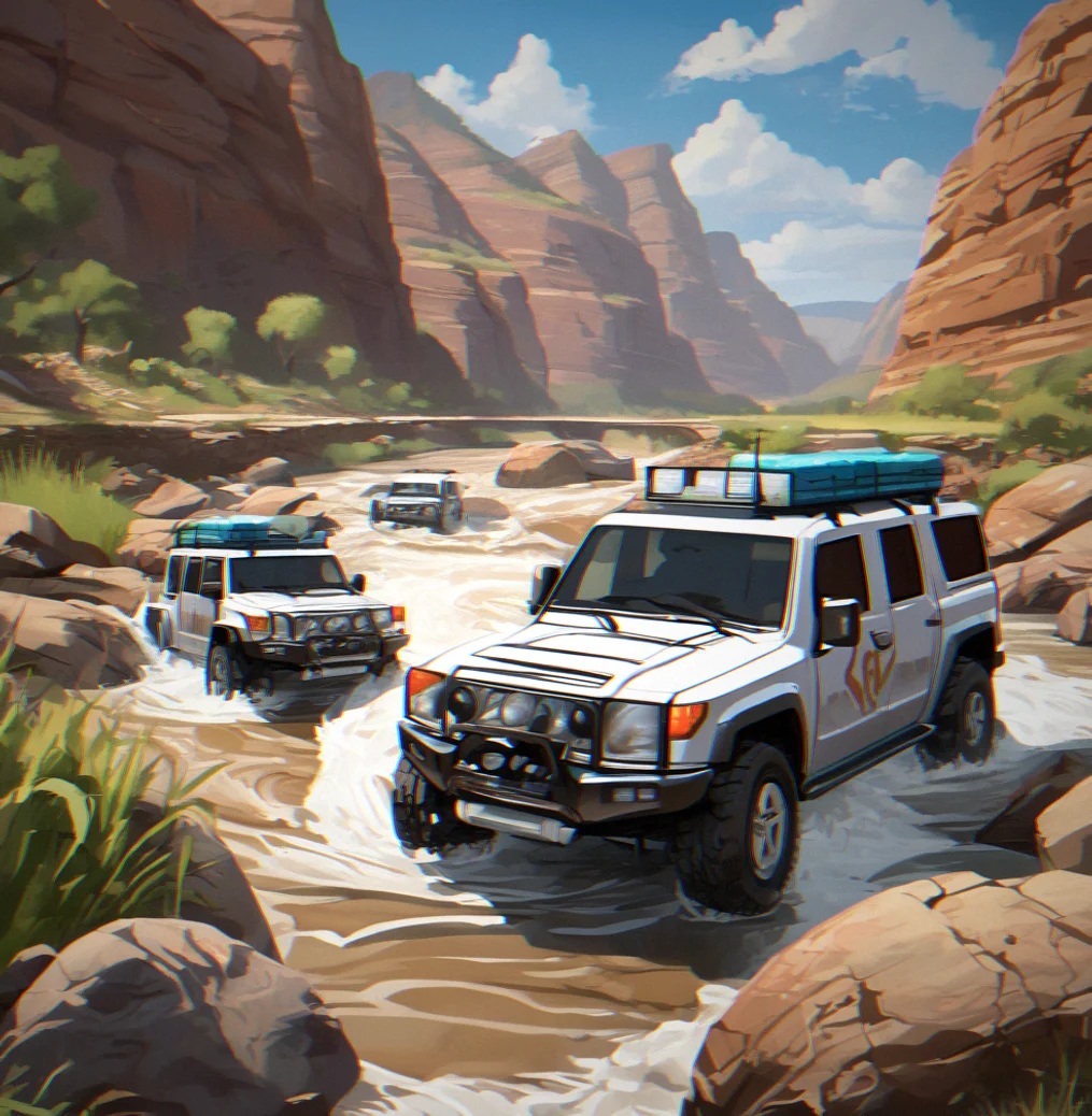 Mountain river crossing with foam-white rapids flowing around stacked boulder formations and vehicle tire marks in mud