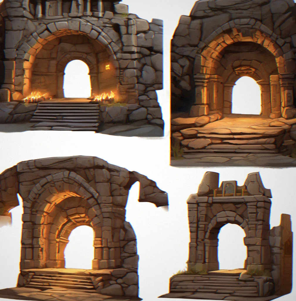 Stone ruin interior chamber with illuminated pressure plate sequence and ornate carved archway leading to darkness
