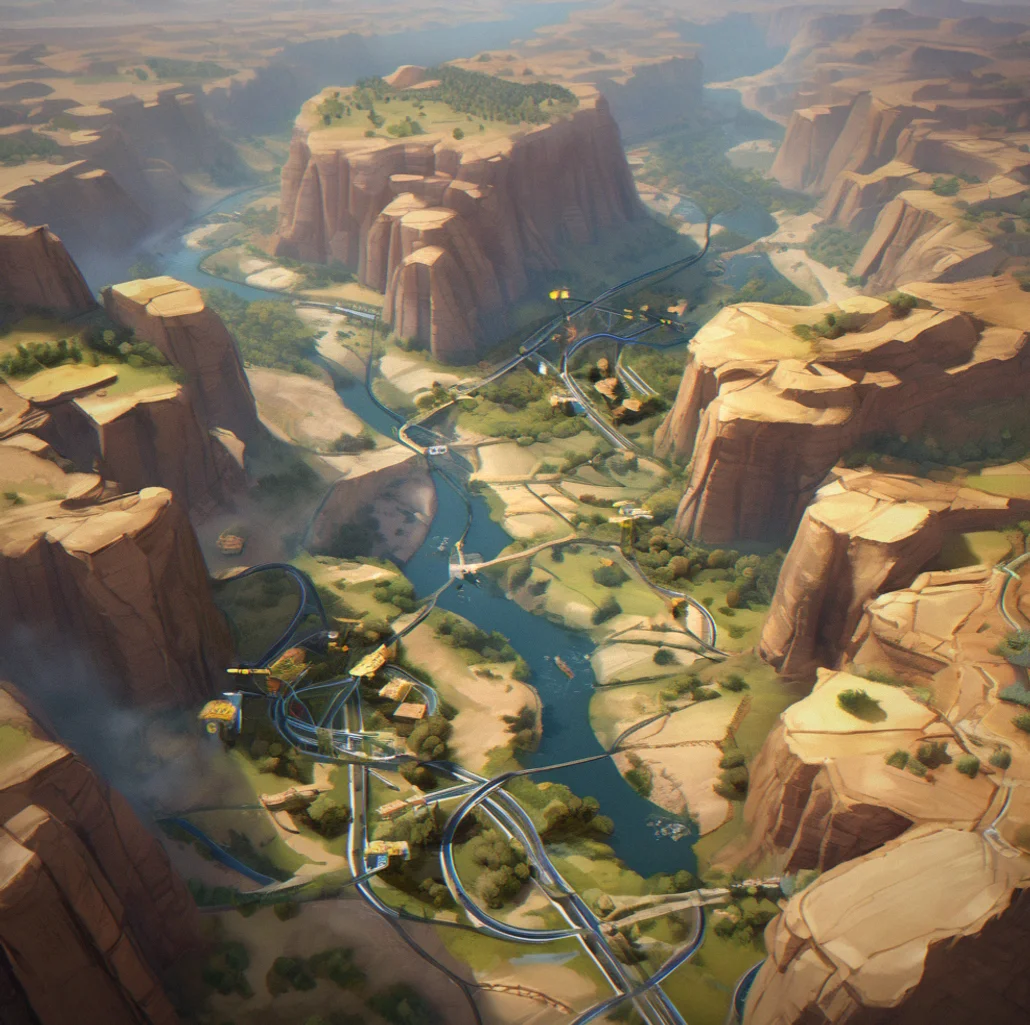 Aerial valley view showing interconnected canyon networks, multiple biomes, and terrain spanning from rocky peaks to river basins