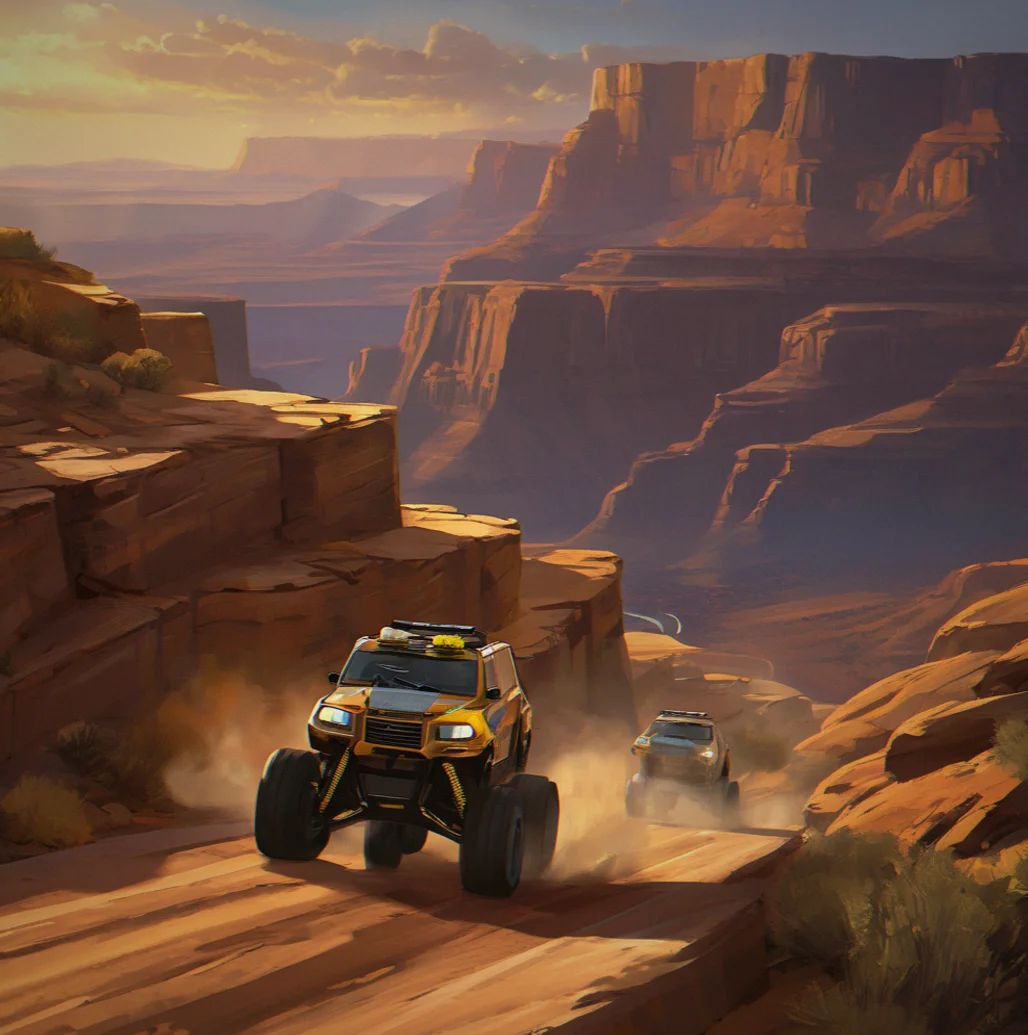 Fast runner vehicle pushing hard across a narrow ridge as the sun drops, golden light hitting the canyon walls and storm clouds rolling in on the horizon