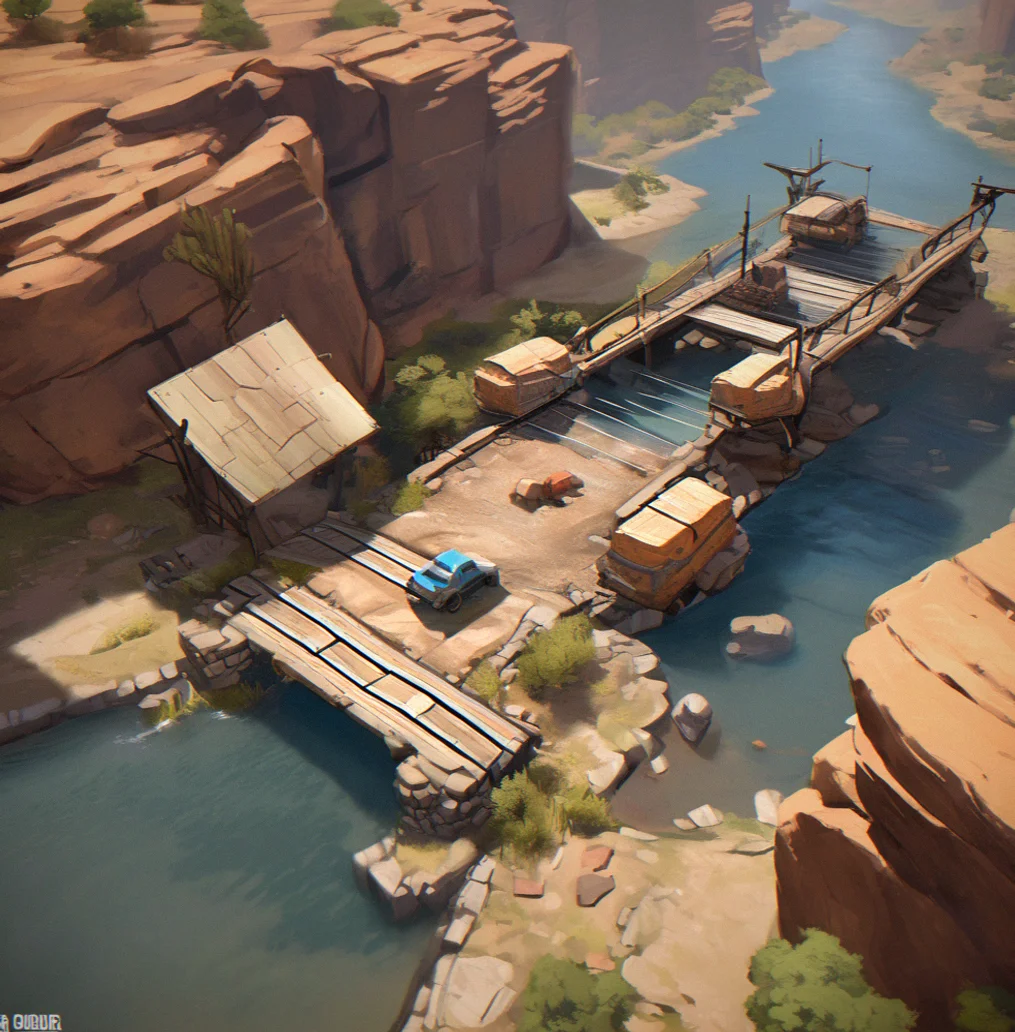 Slow heavy hauler sitting at a river crossing where boulders are stacked into stepping stones, water moving around the chassis, an old ruin entrance visible deeper into the canyon