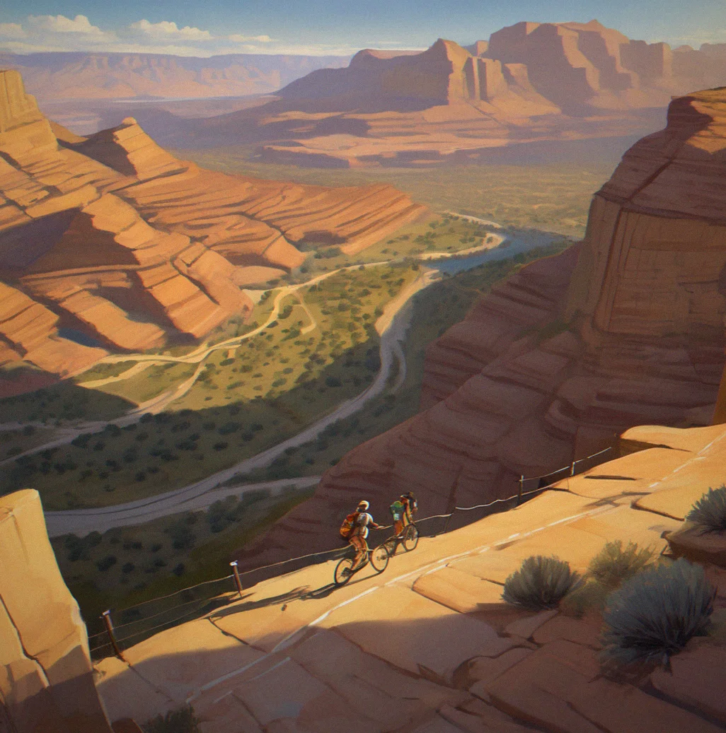 Lightweight runner cresting a ridge during golden hour, canyon system sprawling below, afternoon light stretching shadows across the whole landscape