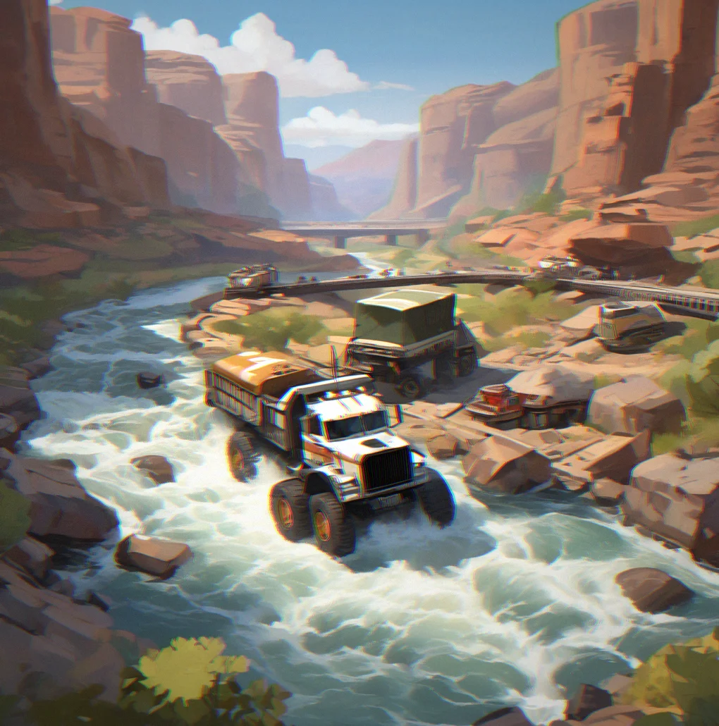 Heavy hauler sitting in the middle of a river with white water churning around it, boulders stacked to form a crossing path upstream
