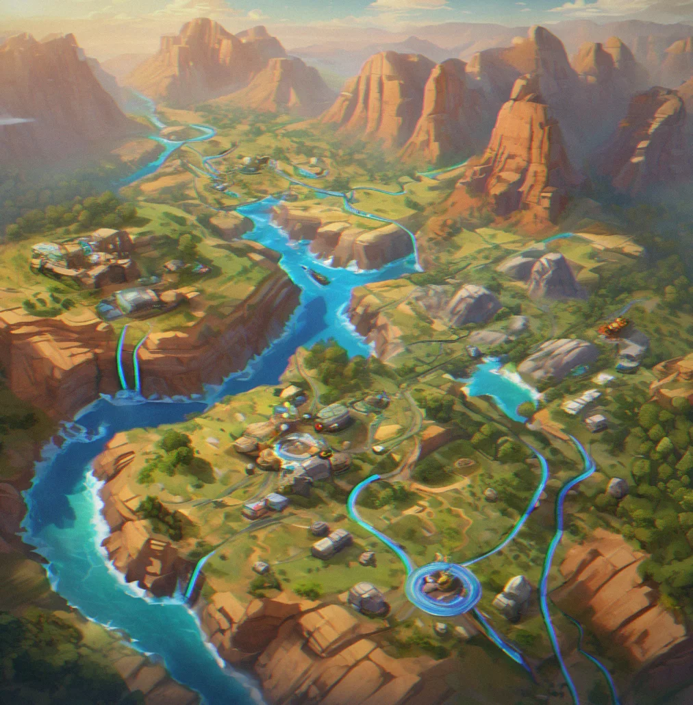 Aerial shot of the entire valley showing three different biomes, canyon network connecting them all, crystal cache glinting near a rock outcrop