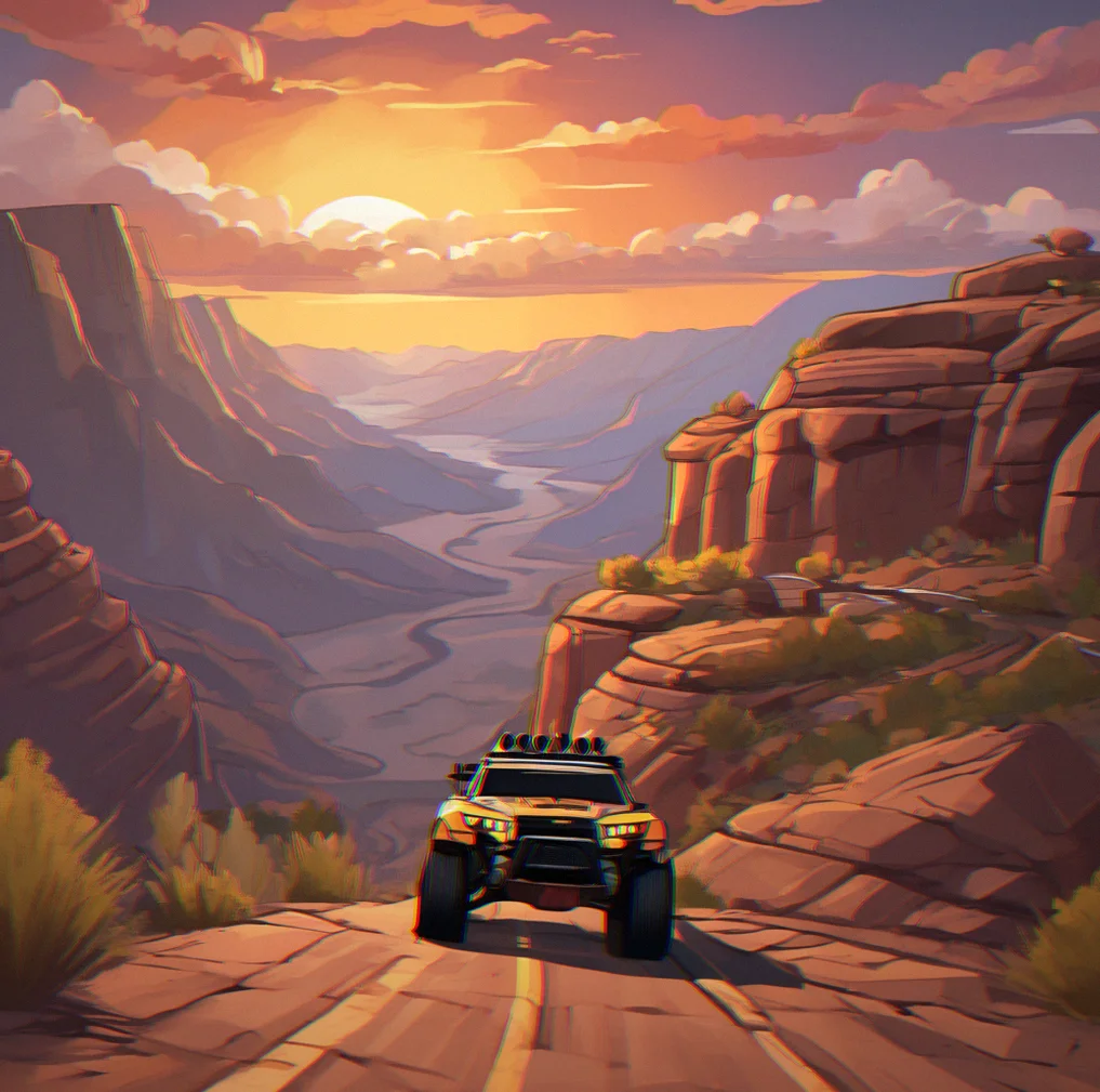 A lightweight runner car heading down a canyon ridge during sunset, with storm clouds building over the mountains ahead